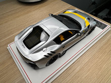 Load image into Gallery viewer, Ferrari F12tdf - metallic silver with yellow stripe - 1:18
