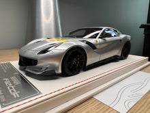 Load image into Gallery viewer, Ferrari F12tdf - metallic silver with yellow stripe - 1:18
