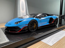 Load image into Gallery viewer, Lamborghini Aventador SVJ - Azzurro Flake / Red Stripe - 1:18
