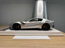 Load image into Gallery viewer, Ferrari F12tdf - metallic silver with yellow stripe - 1:18
