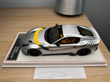 Load image into Gallery viewer, Ferrari F12tdf - metallic silver with yellow stripe - 1:18
